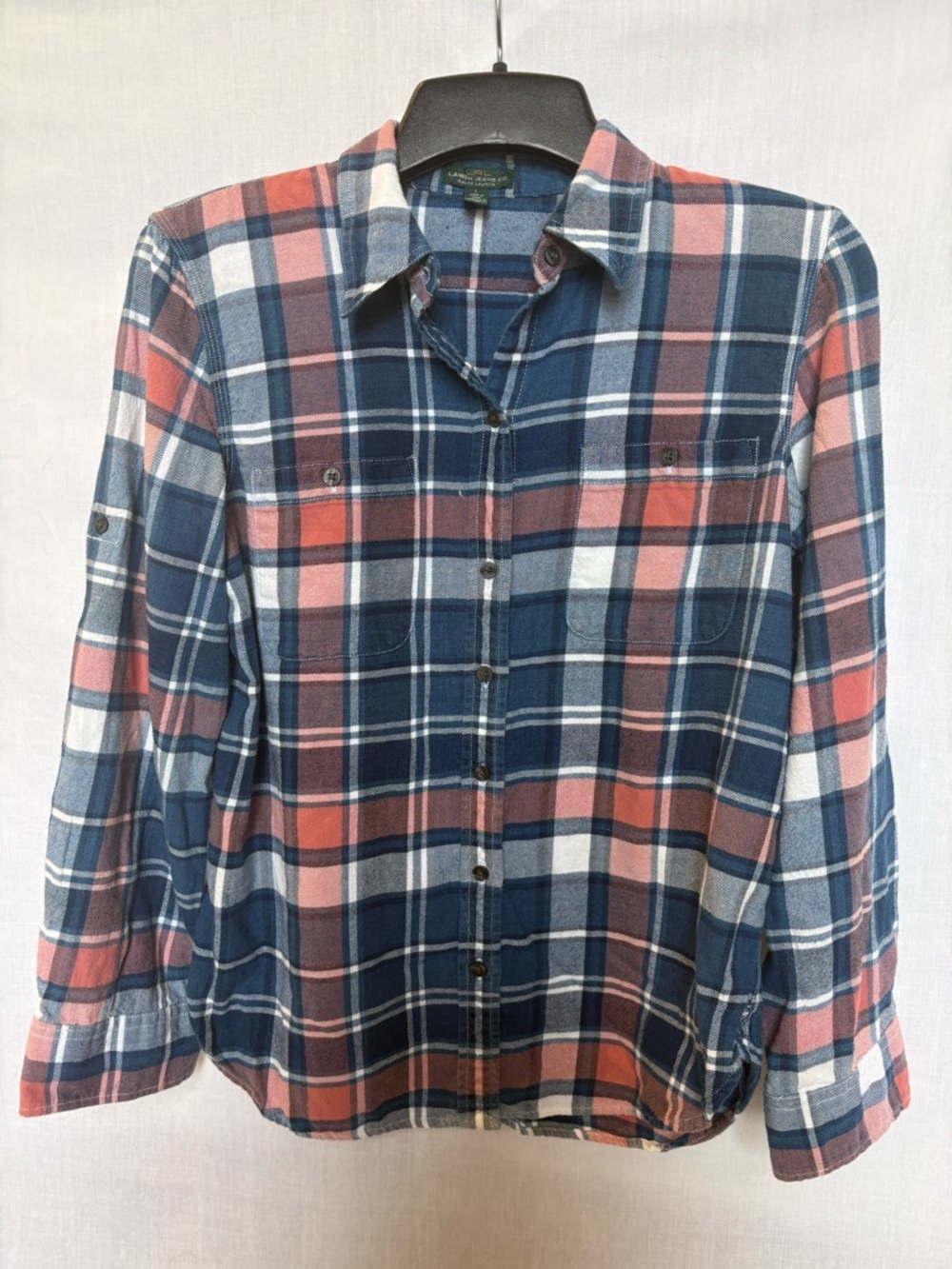Lauren Jeans Women's Navy and Coral Plaid Flannel Button-Up Shirt Size Large